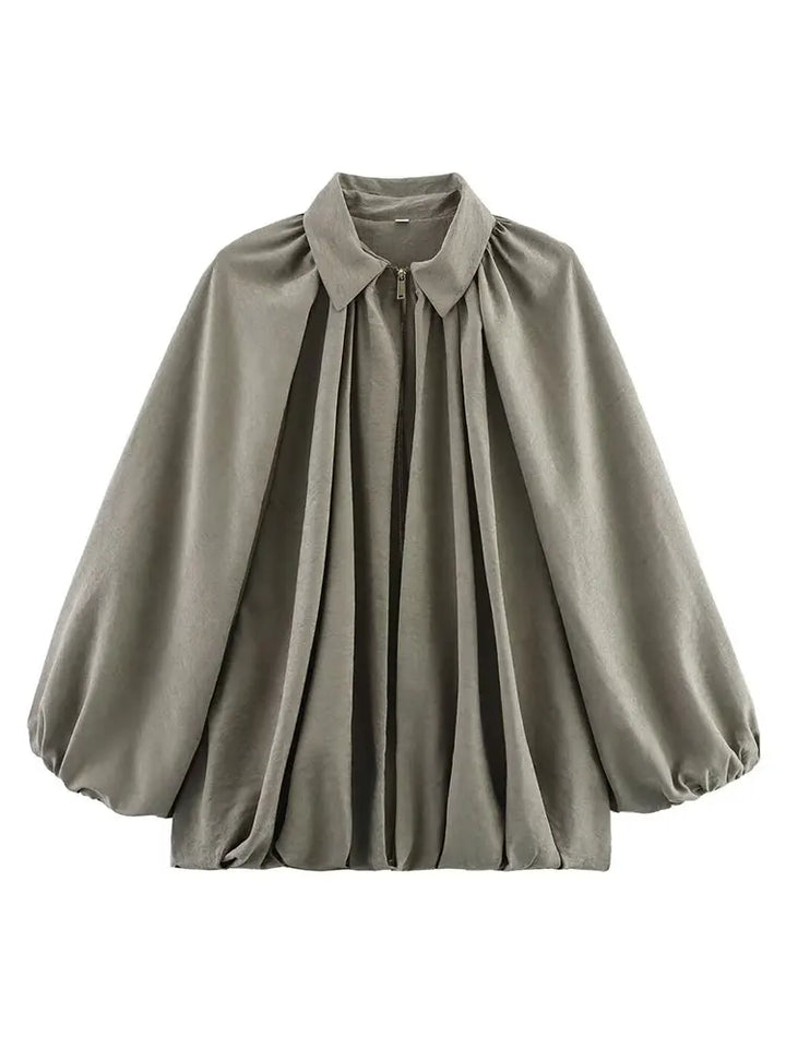 Women's Loose Fit Bomber Jacket with Long Puff Sleeves and Zip Front