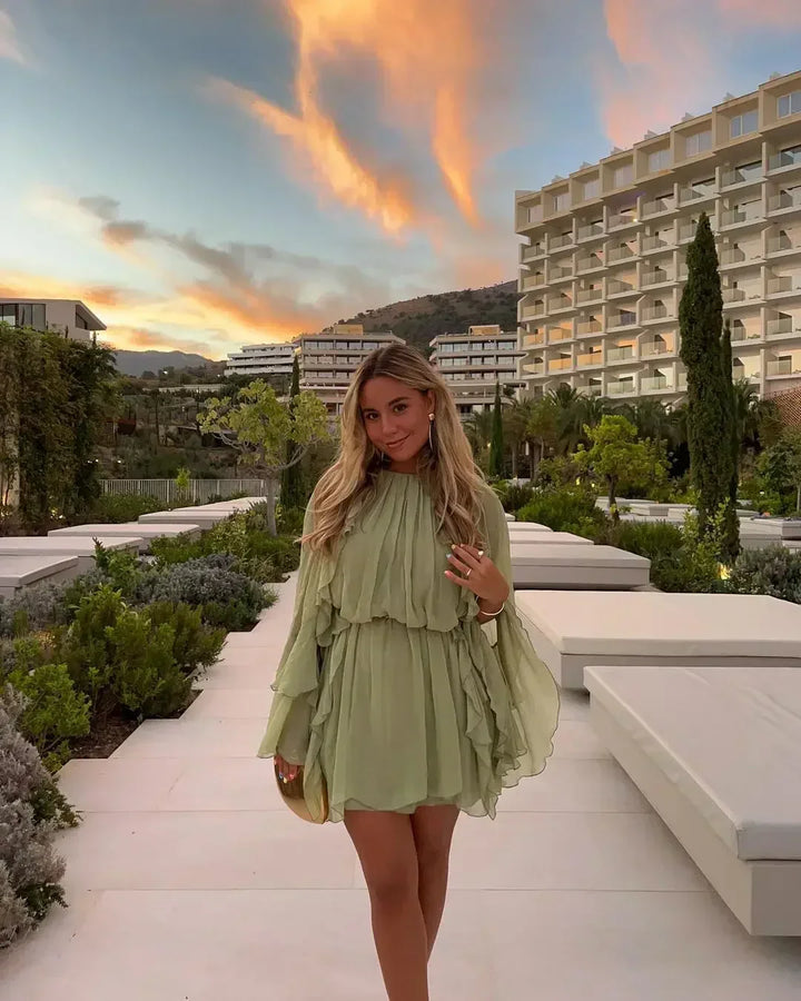 Women's High-Neck Ruffle Mini Dress with Long Flowy Sleeves