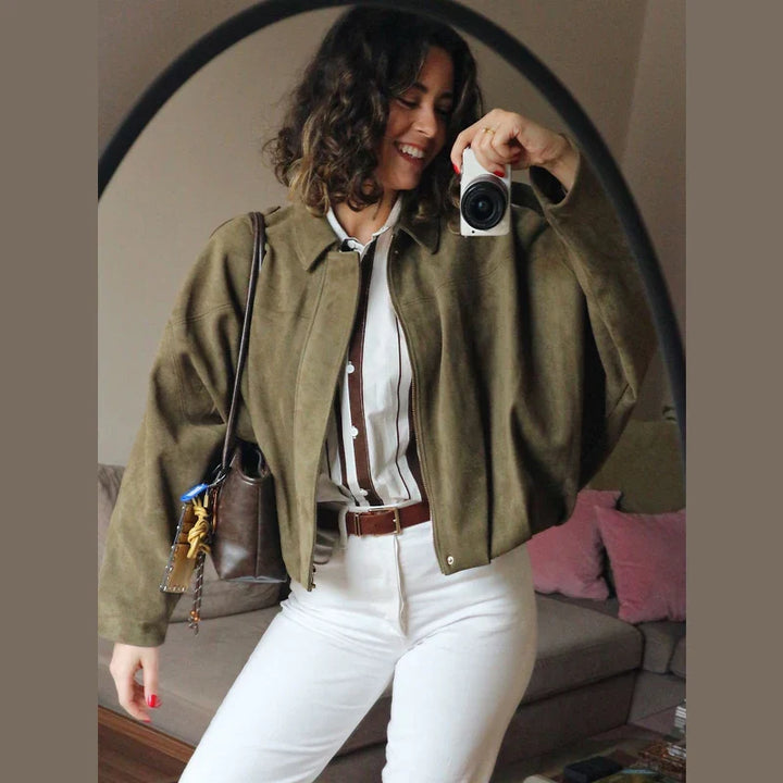 Women's Cropped Bomber Jacket with Lapel Collar and Zip Front