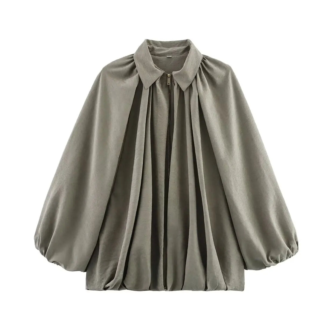 Women's Loose Fit Bomber Jacket with Long Puff Sleeves and Zip Front
