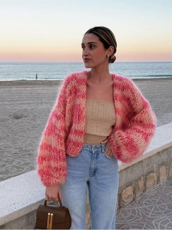 Women's Colorful Chunky Knit Cardigan with Open Front Design