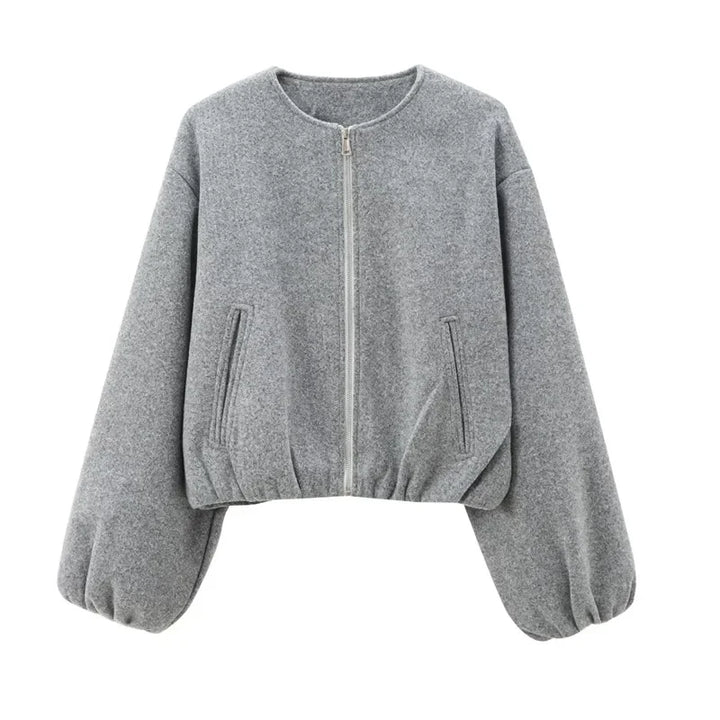 Women's Cropped Bomber Jacket with Long Sleeves and Zip Front