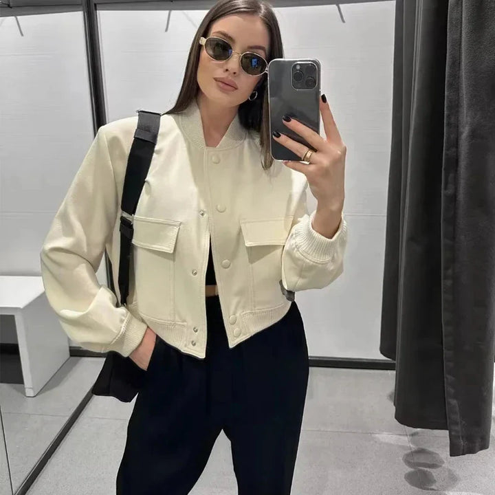 Women's Cropped Baseball Collar Bomber Jacket with Snap Buttons