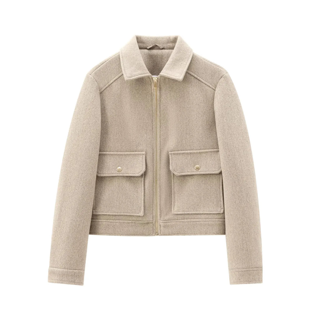 Women's Short Lapel Bomber Jacket with Zip Front and Flap Pockets