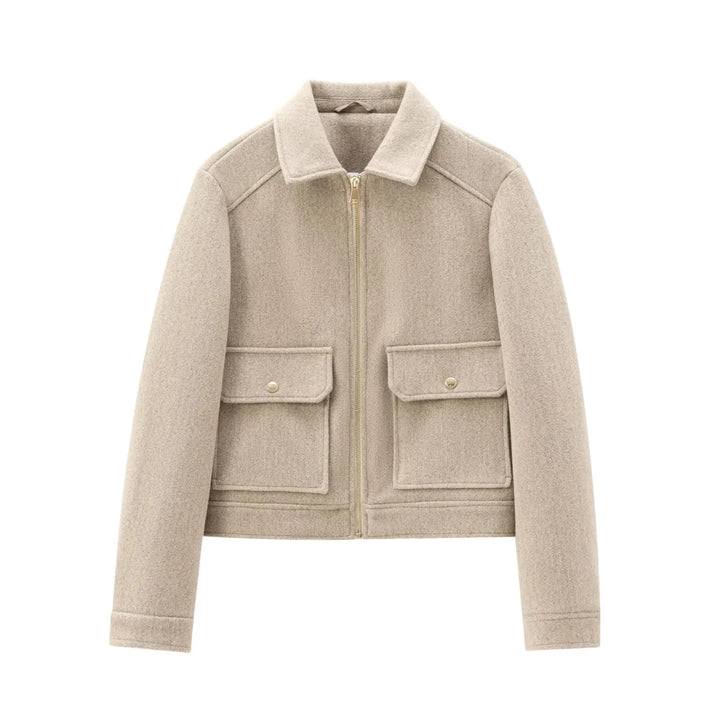 Women's Short Lapel Bomber Jacket with Zip Front and Flap Pockets