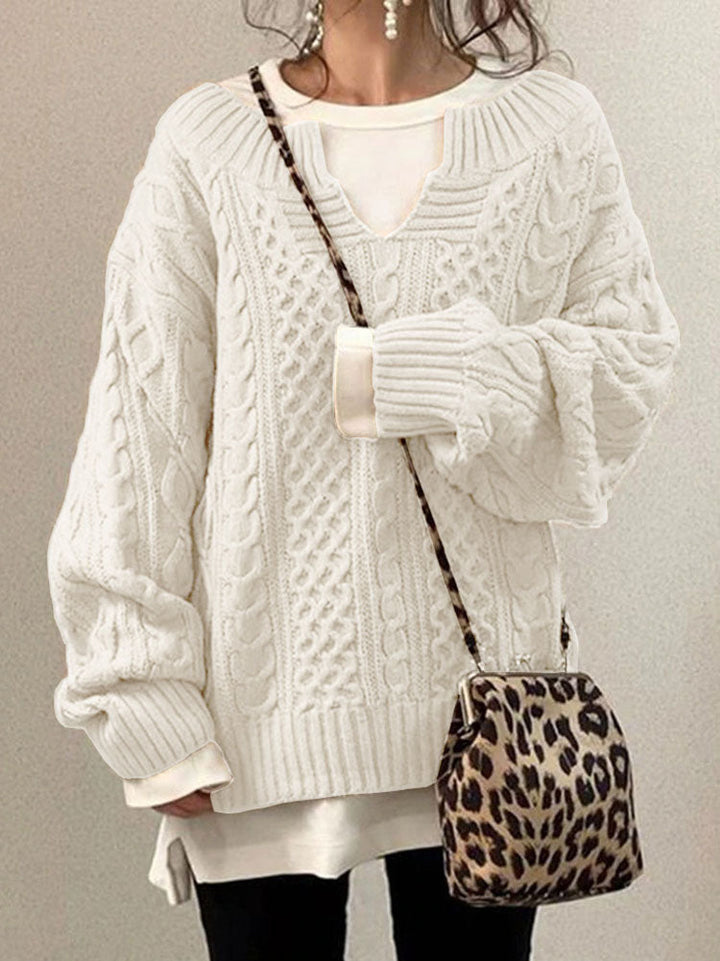Women’s Cable Knit Jumper with Notch Round Neck and Chunky Texture