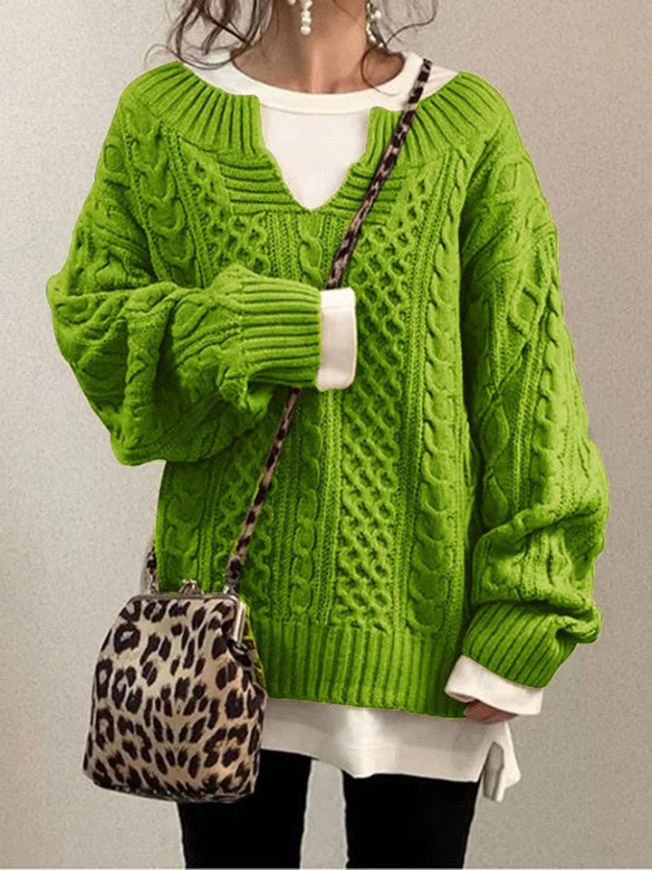 Women’s Cable Knit Jumper with Notch Round Neck and Chunky Texture