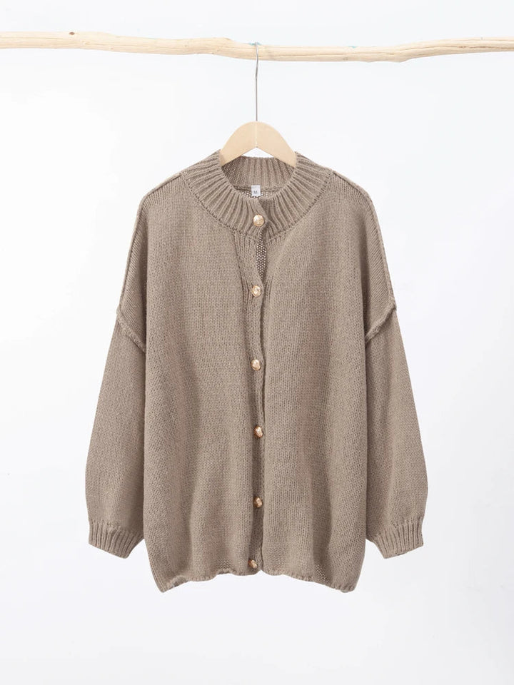 Women's Knit Button Cardigan with Ribbed Neckline and Cuffs