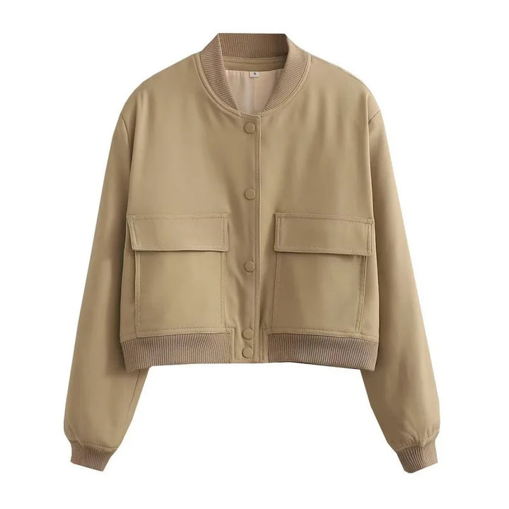 Women's Casual Bomber Jacket with Front Buttons and Flap Pockets