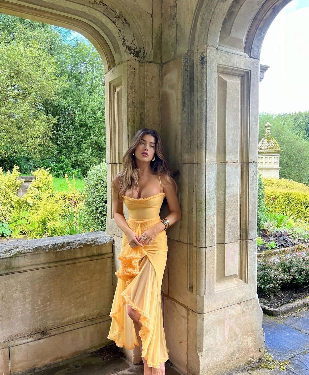 Women's Ruffle Maxi Dress with Spaghetti Straps and Ruched Waist