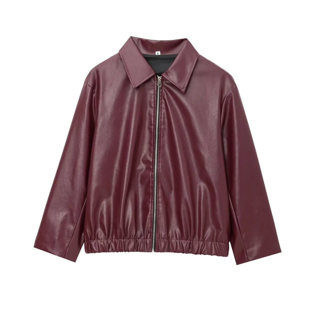 Women's Leather Jacket with Zipper Front and Classic Lapel Collar