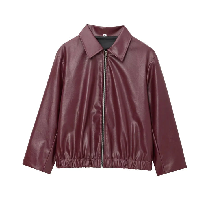 Women's Leather Jacket with Zipper Front and Classic Lapel Collar