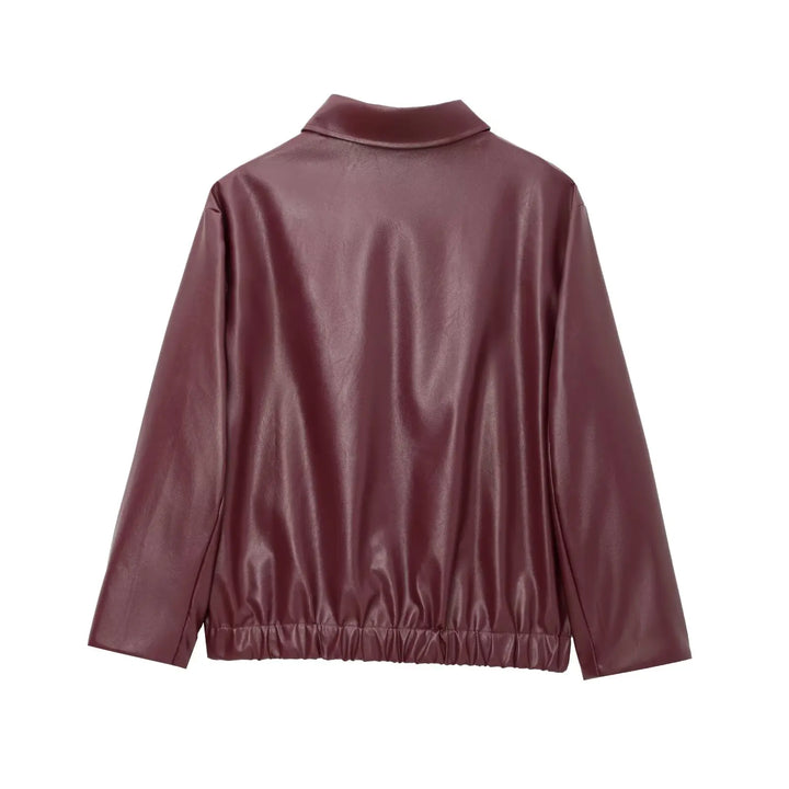 Women's Leather Jacket with Zipper Front and Classic Lapel Collar
