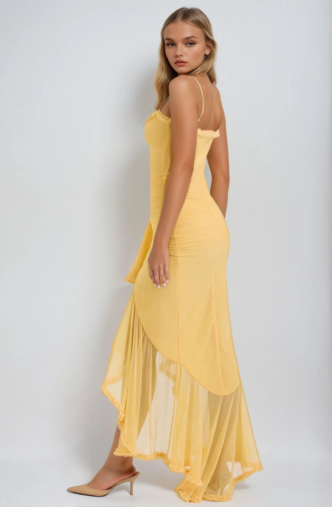 Women's Ruffle Maxi Dress with Spaghetti Straps and Ruched Waist