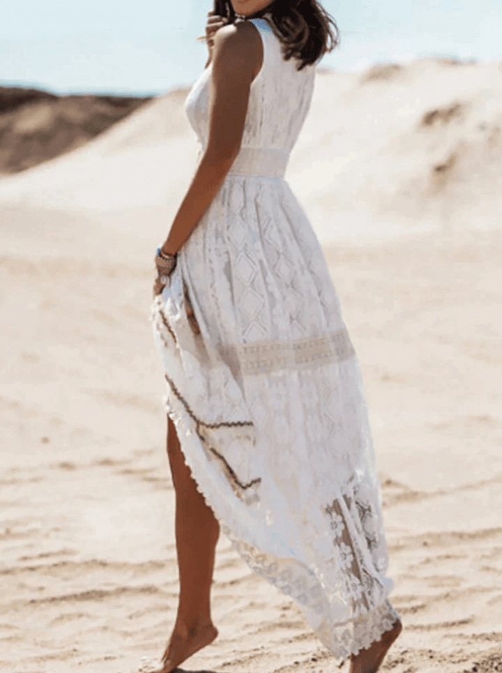Women’s Boho Lace V-Neck Maxi Dress with Thigh-High Slit