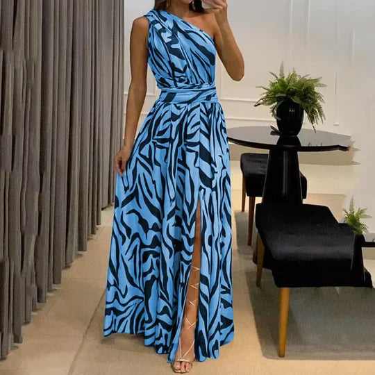 Women's One-Shoulder Zebra Print Maxi Dress with Waist Belt