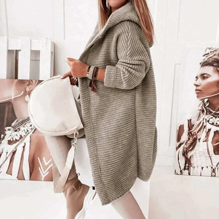 Women's Long Hooded Knit Cardigan with Button Front Design