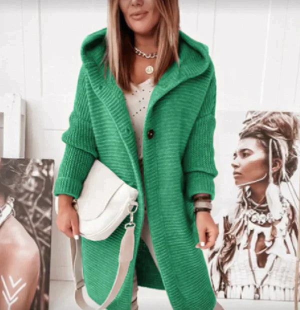 Women's Long Hooded Knit Cardigan with Button Front Design