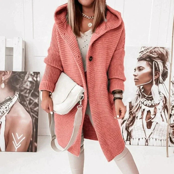 Women's Long Hooded Knit Cardigan with Button Front Design