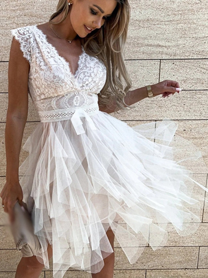 Women's Ruffle Tulle Party Dress with Lace Bodice