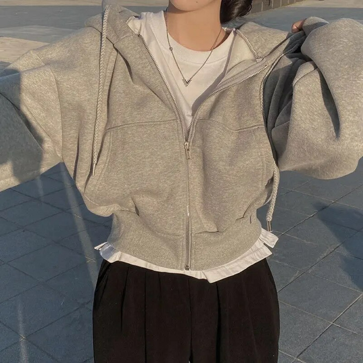 Women's Oversized Cropped Zip-Up Hoodie with Pockets