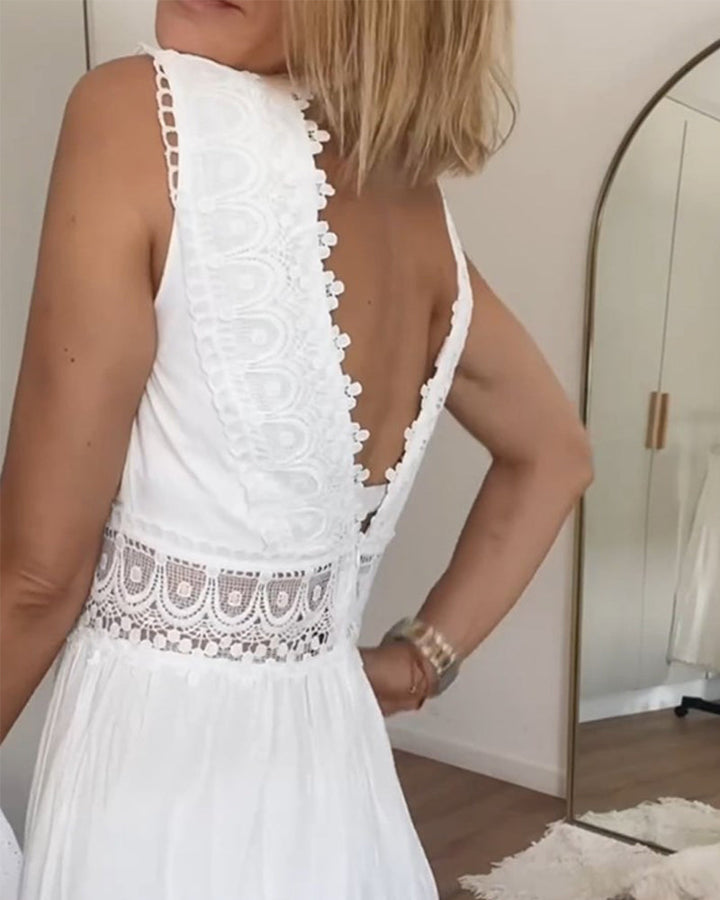 Women's White Lace-Trimmed Maxi Dress with V-Neck