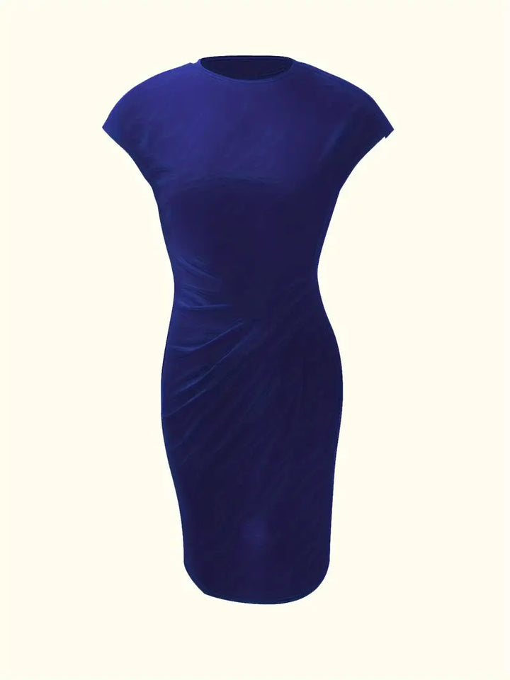 Women's Knee-Length Sheath Dress with Ruched Waist and Cap Sleeves