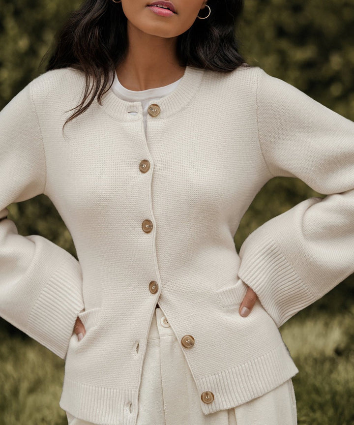 Women's Elegant Button Cardigan with Round Neck and Slim Fit Cut