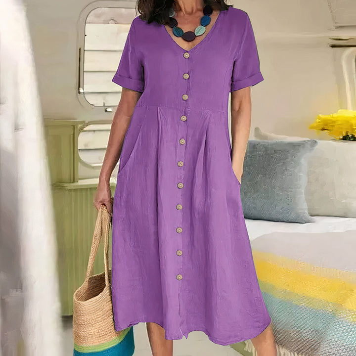 Women's Button-Front Midi Dress with Pockets and Short Sleeves