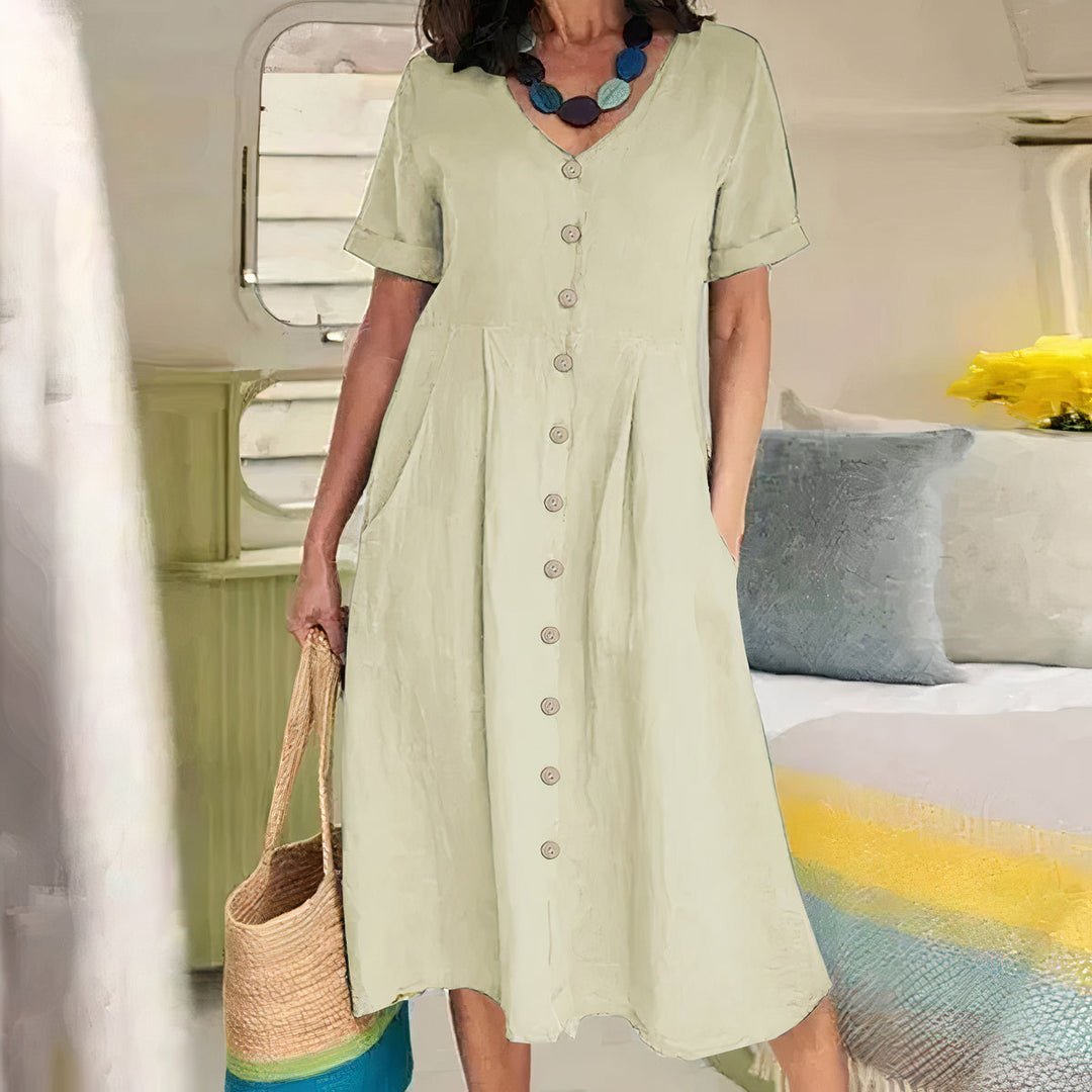 Women's Button-Front Midi Dress with Pockets and Short Sleeves