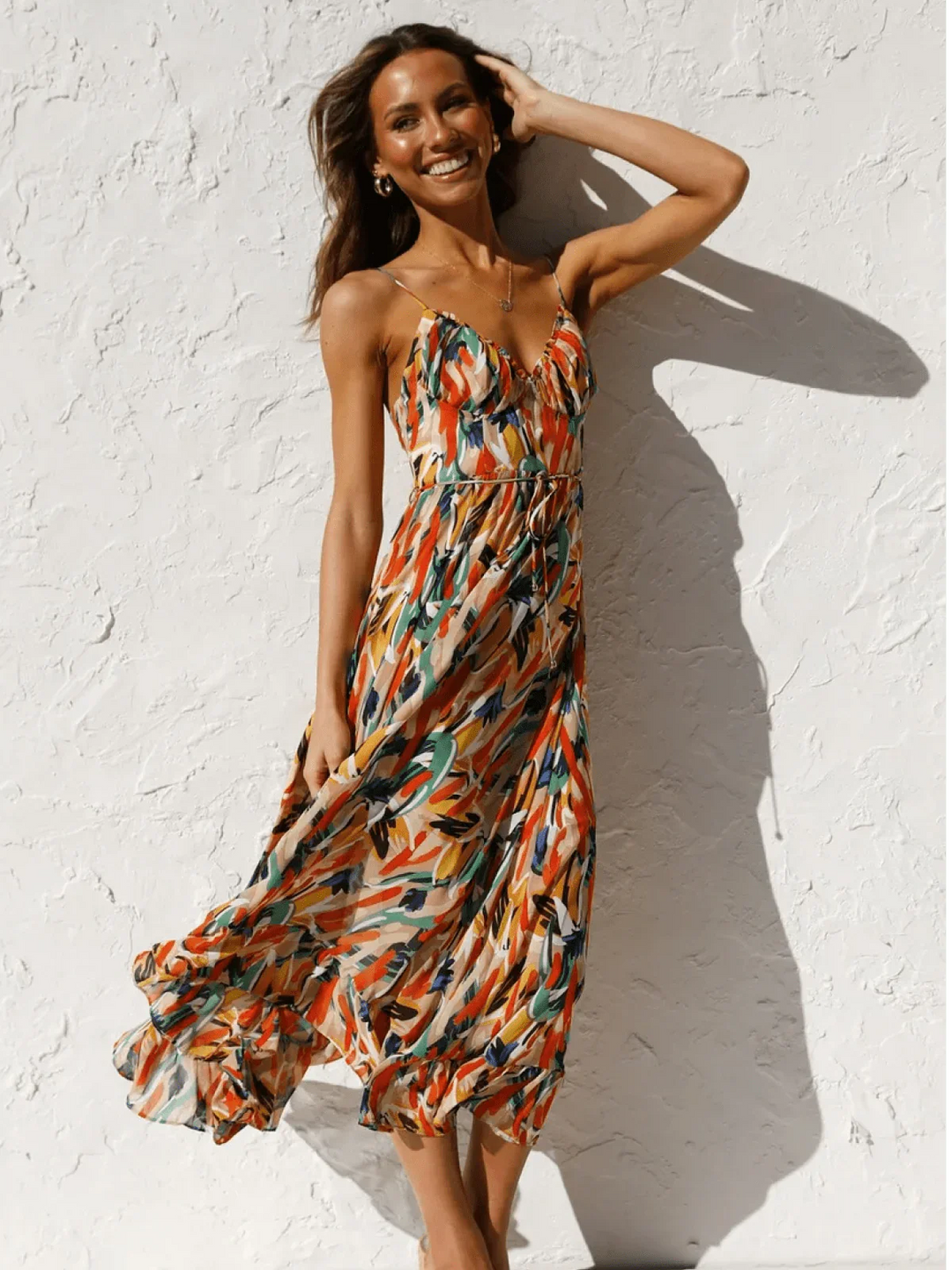 Women’s Floral V-Neck Midi Dress with Ruffled Hem