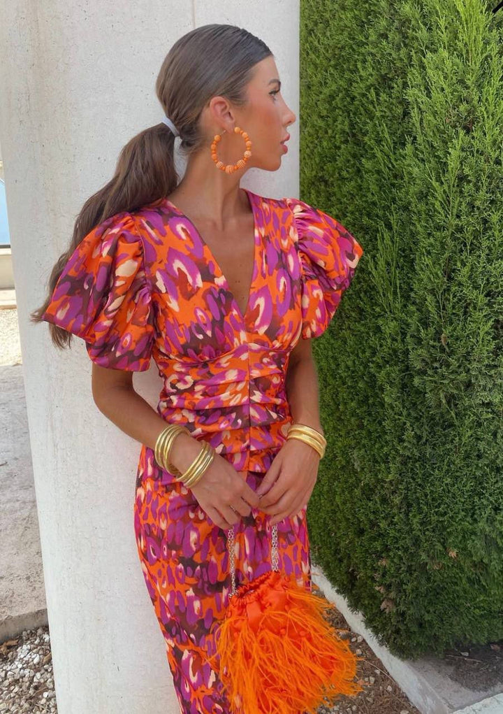 Women’s Midi Dress – Ruched Puff Sleeve Elegant Party Dress