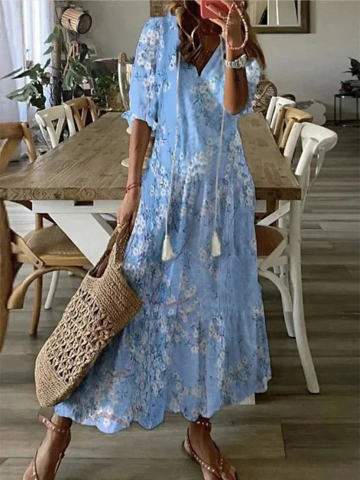Women's Flowy Floral Long Dress with Sleeves