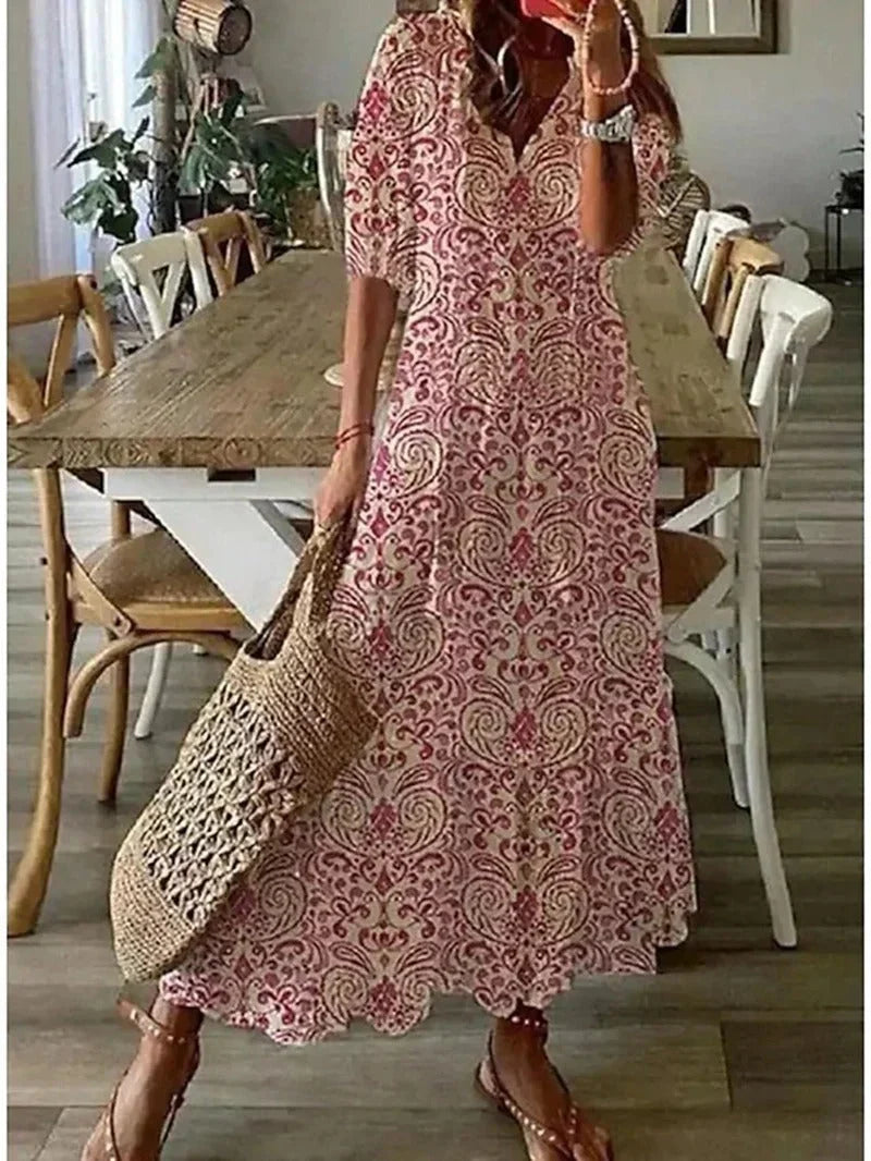 Women's Flowy Floral Long Dress with Sleeves