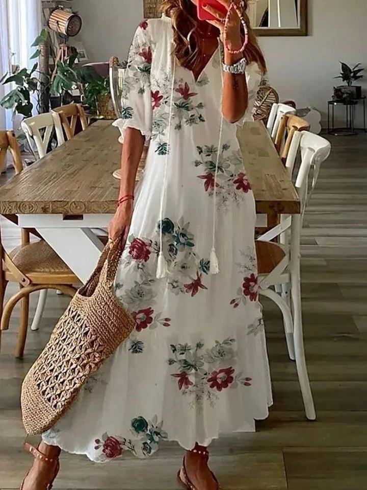 Women's Flowy Floral Long Dress with Sleeves