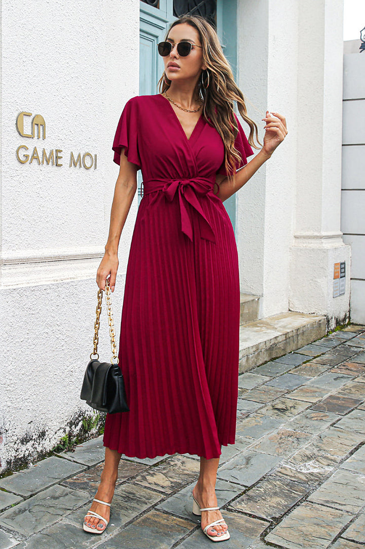 Women's Pleated Maxi Dress with Wide Sleeves and Waist Tie
