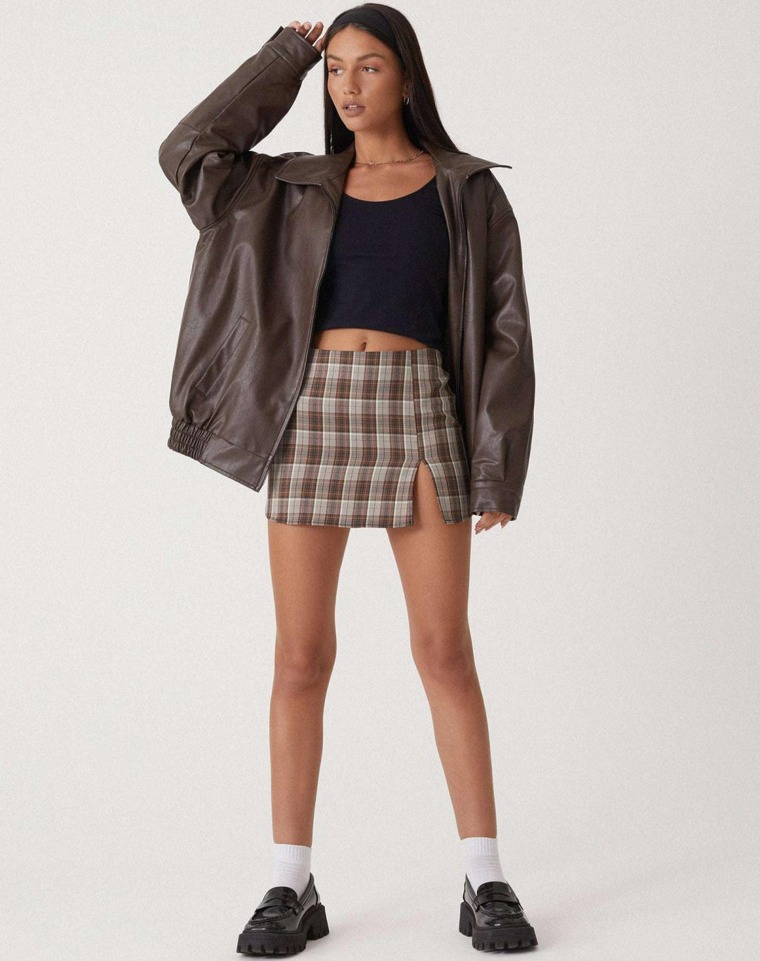 Women's Zip-Up Leather Jacket with Relaxed Fit and High Collar