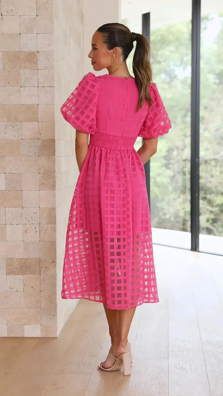 Women's Midi Dress with Puff Sleeves and Grid Pattern