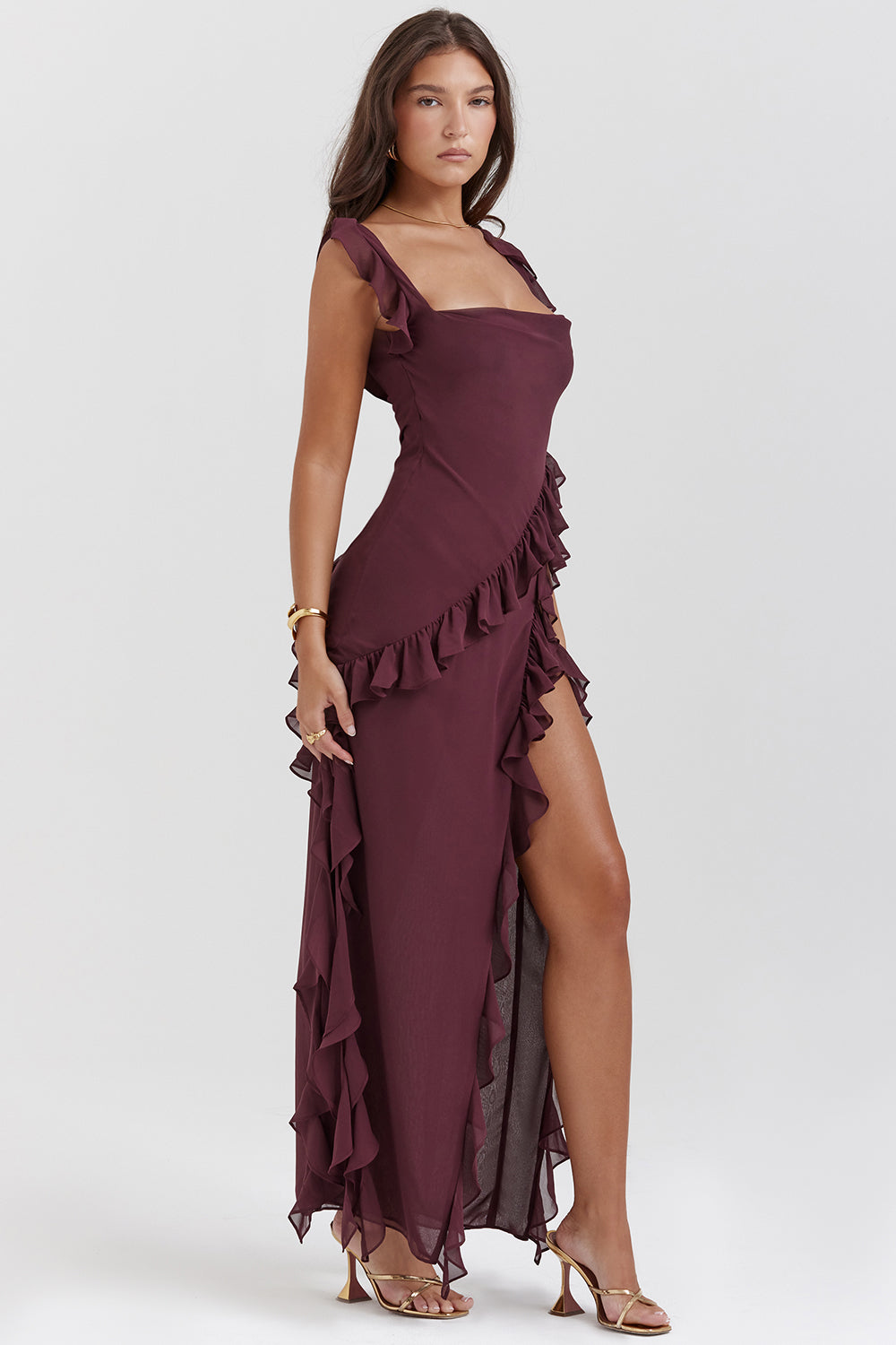 Women's Elegant Ruffle Maxi Dress with Thigh Split