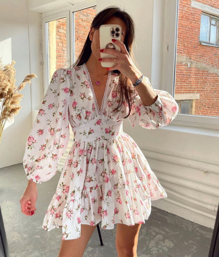 Women's V-Neck Floral Mini Dress with Long Sleeves and Ruffle Skirt
