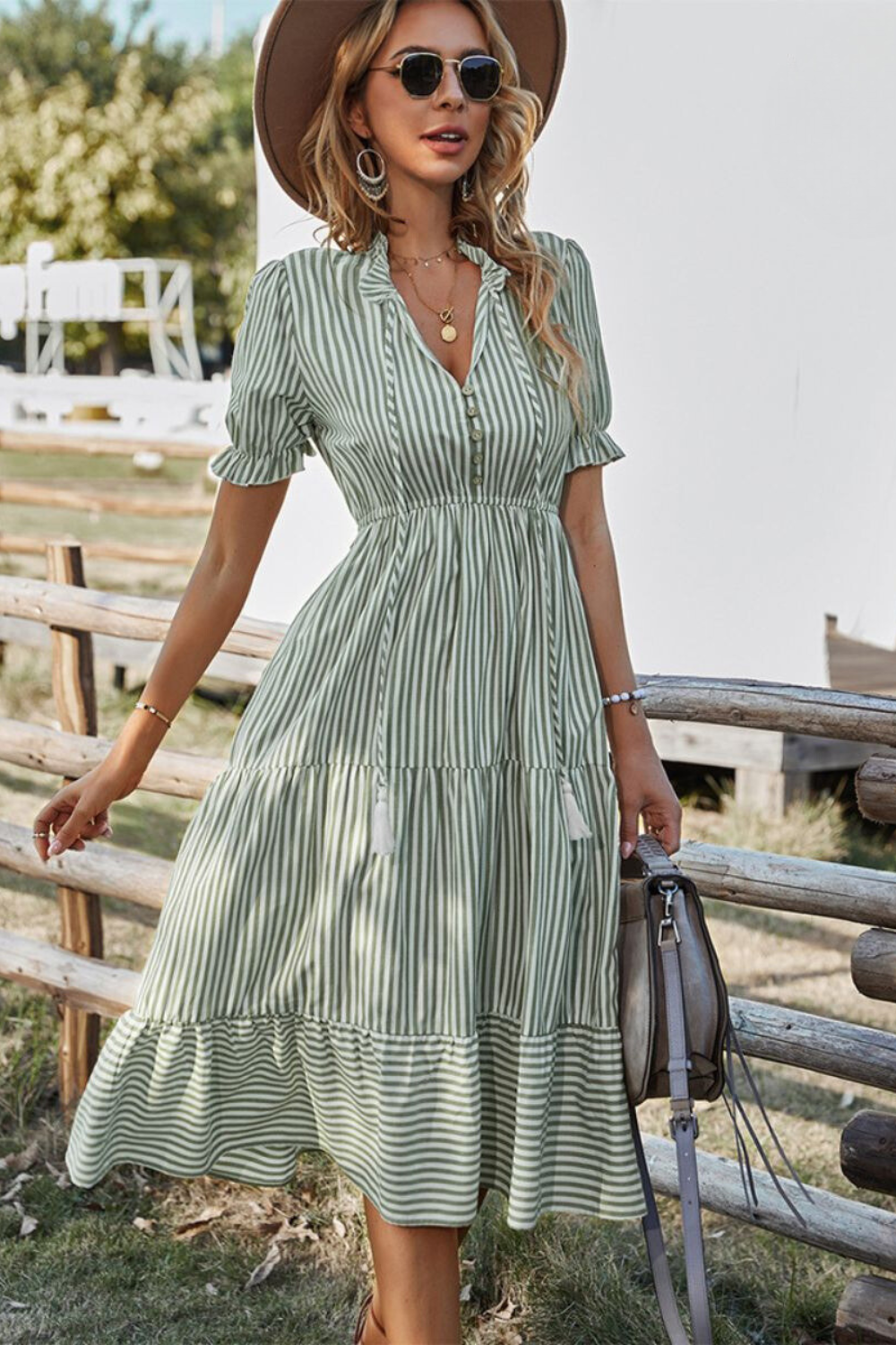 Women's Striped Midi Dress with Puff Sleeves and V-Neck Front