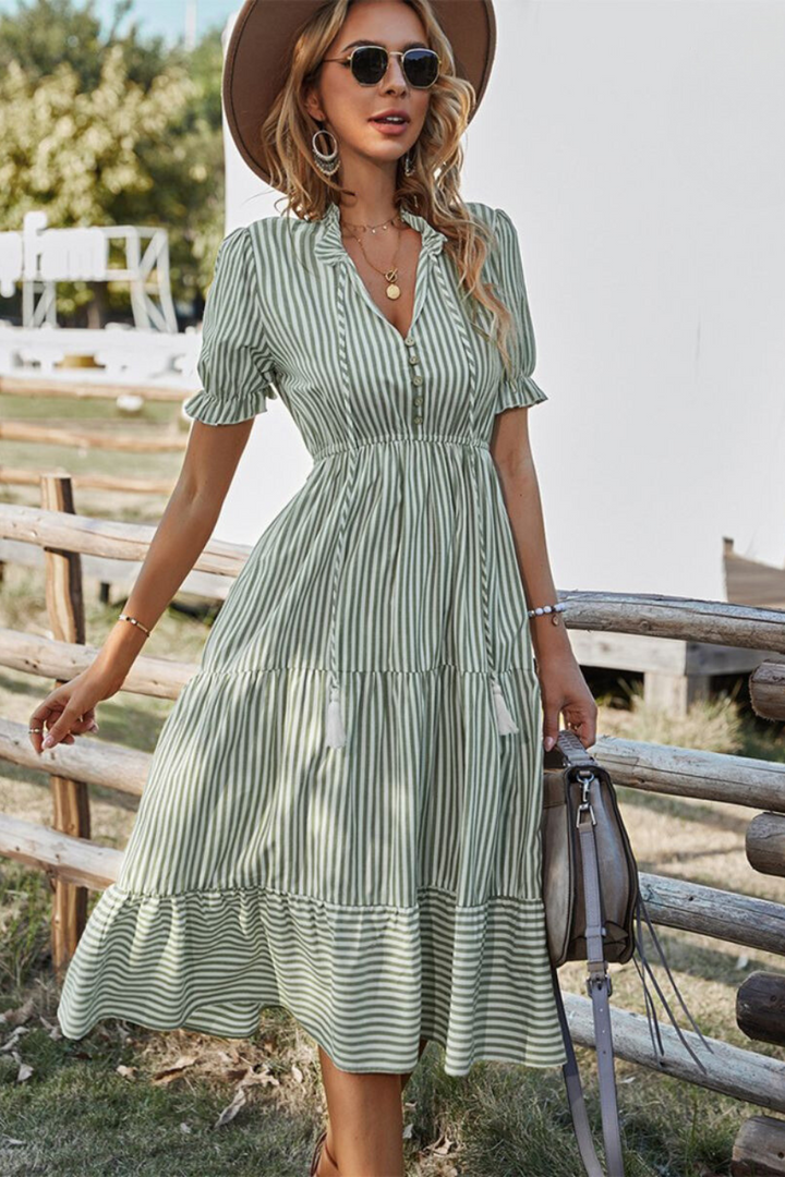 Women's Striped Midi Dress with Puff Sleeves and V-Neck Front