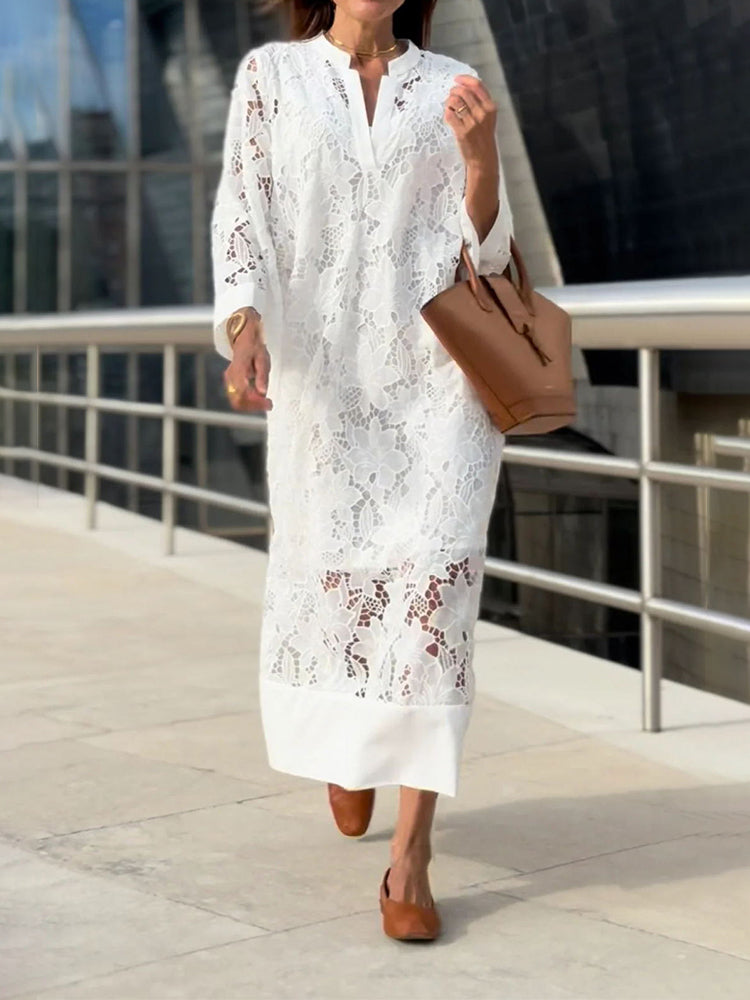 Women's Elegant Lace Maxi Dress with Sheer Floral Overlay