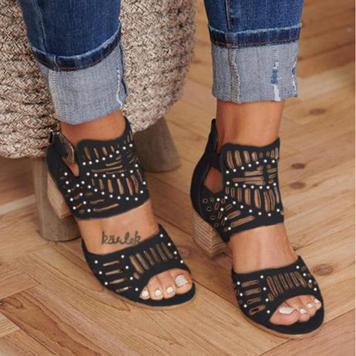 Women's Cut-Out Block Heel Sandals with Ankle Strap and Peep Toe