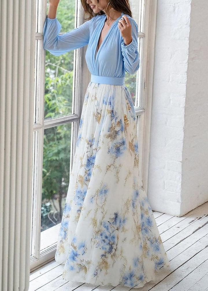 Women's Elegant V-Neck Maxi Dress with Long Sleeves and Floral Skirt