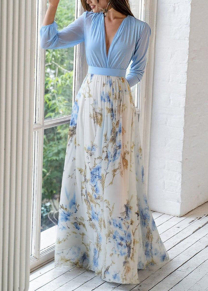 Women's Elegant V-Neck Maxi Dress with Long Sleeves and Floral Skirt