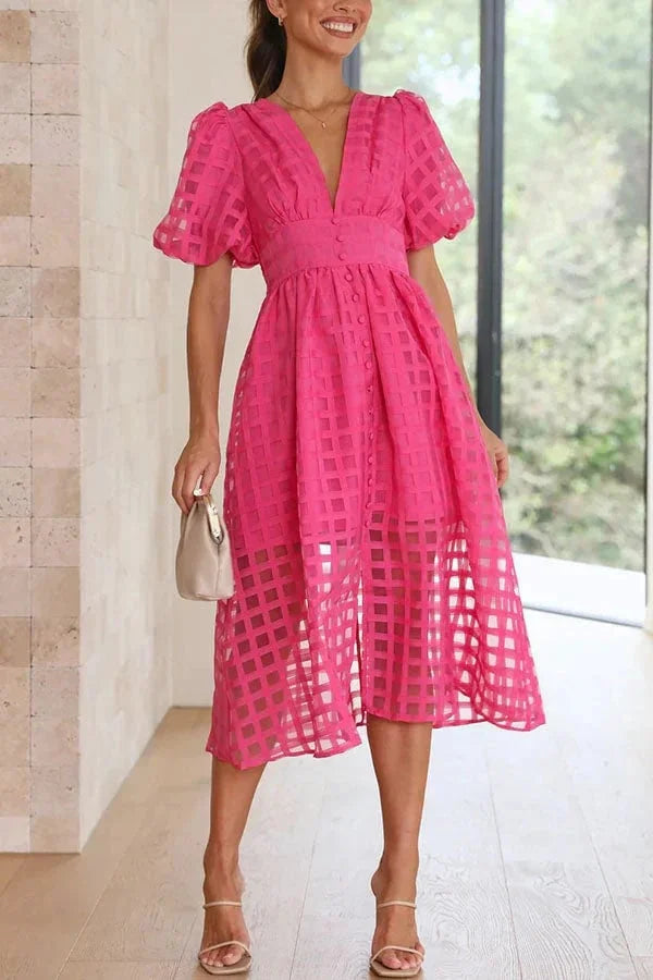 Women's Midi Dress with Puff Sleeves and Grid Pattern