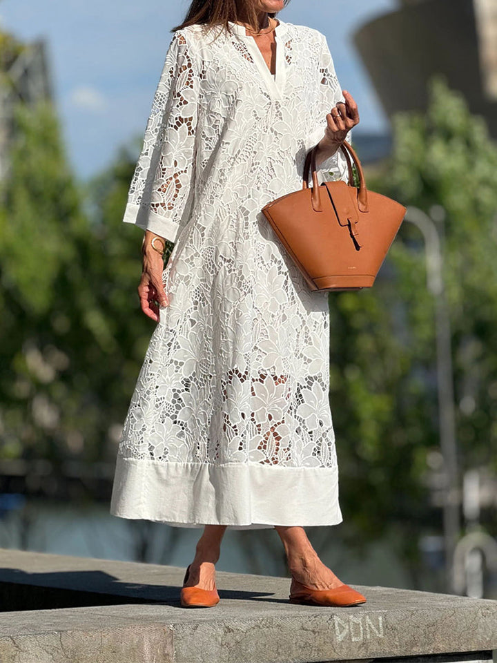 Women's Elegant Lace Maxi Dress with Sheer Floral Overlay