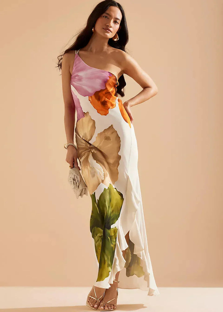 Women's One-Shoulder Asymmetric Maxi Dress with Abstract Print