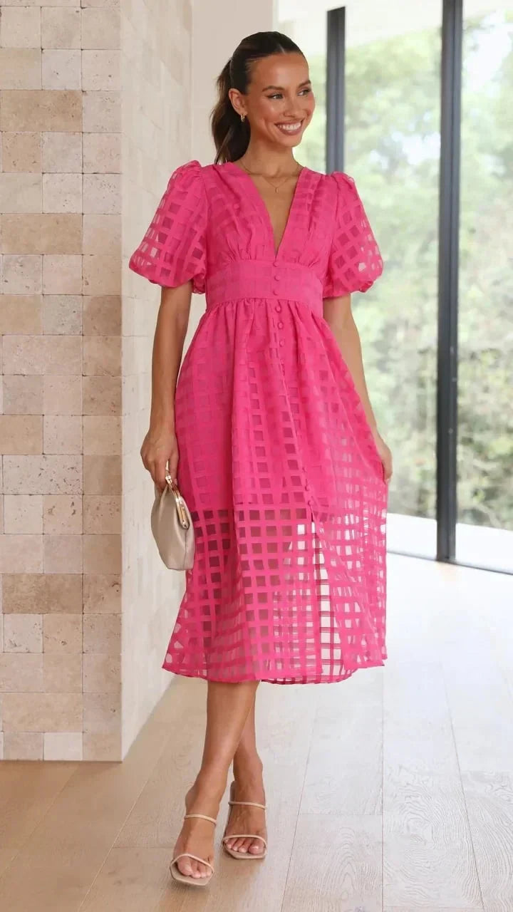 Women's Midi Dress with Puff Sleeves and Grid Pattern